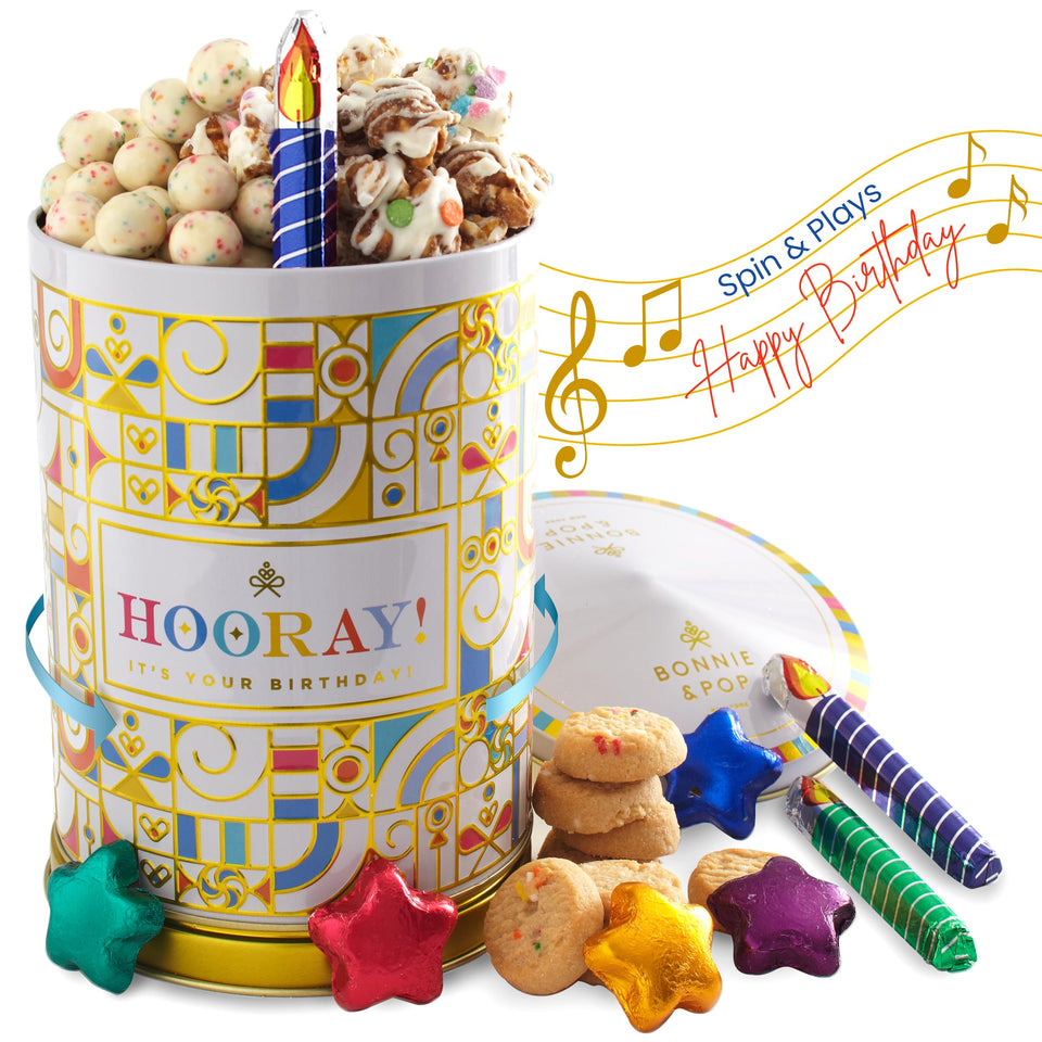 BONNIE AND POP birthday gift tin spinning lid for a festive celebration