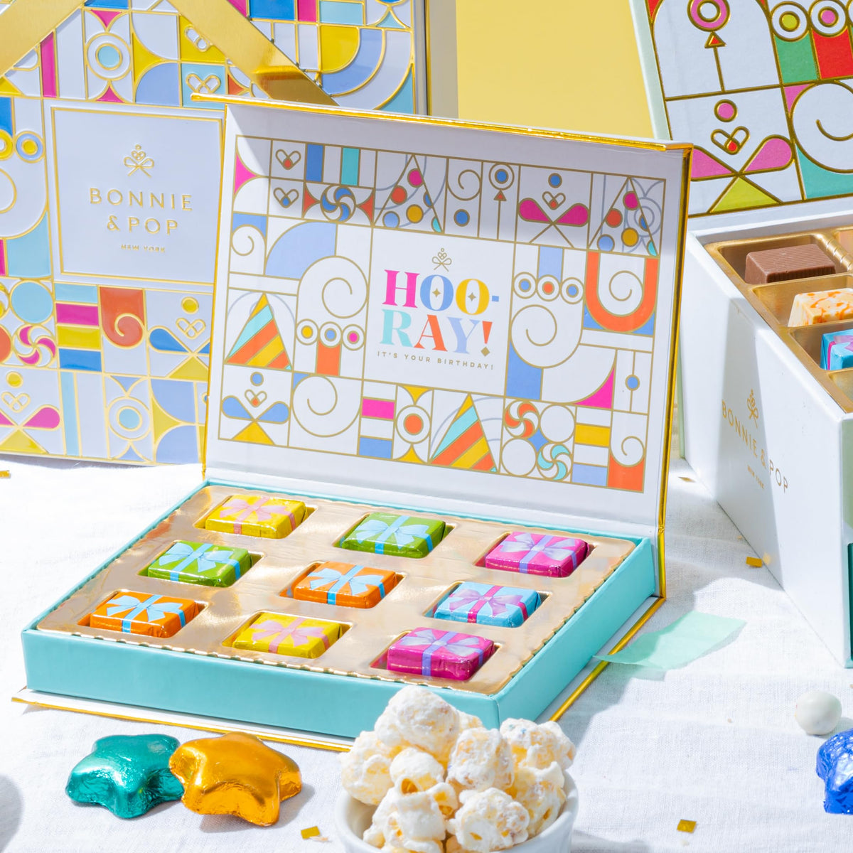 Bonnie and Pop chocolate card gift box adds a festive treat to celebrations.