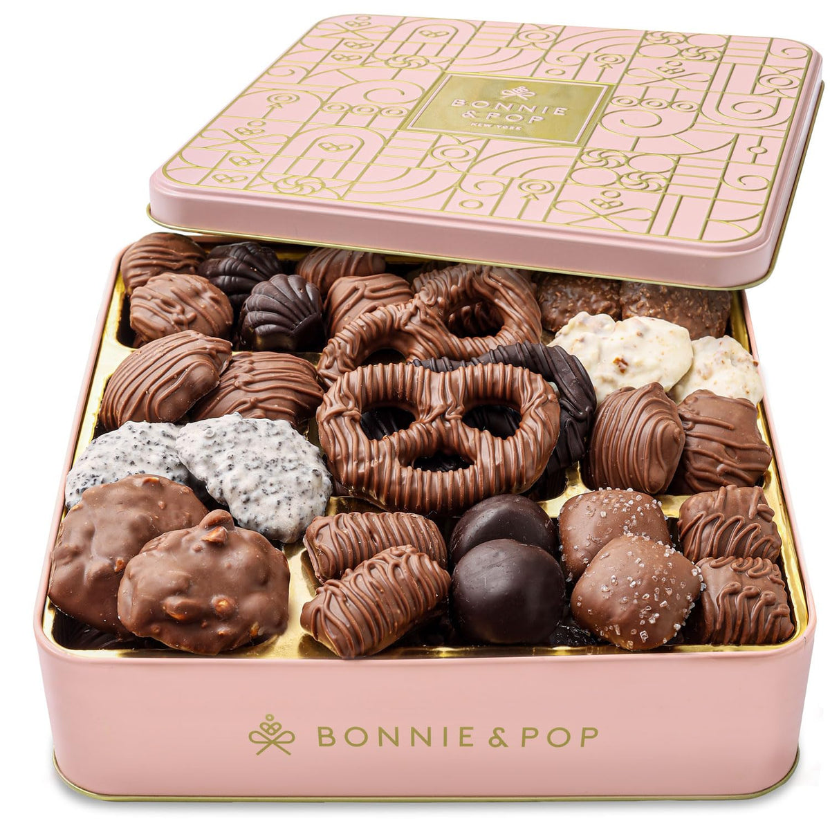 Bonnie and Pop chocolate gift basket for Mother's Day in an elegant pink tin, perfect for gifting.