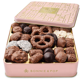 Bonnie and Pop chocolate gift basket for Mother's Day in an elegant pink tin, perfect for gifting.