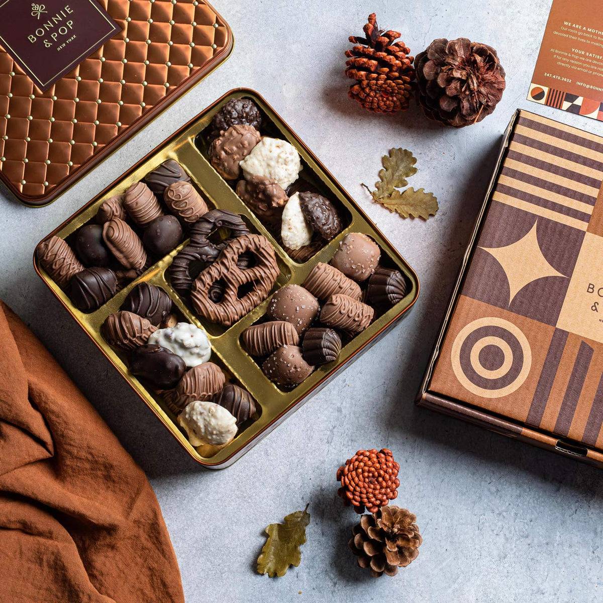BONNIE AND POP chocolate gift basket packaging, display-ready for events.