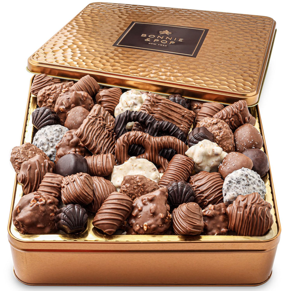 BONNIE AND POP chocolate gift basket tin with assorted chocolates, ideal for celebrations and gifting.