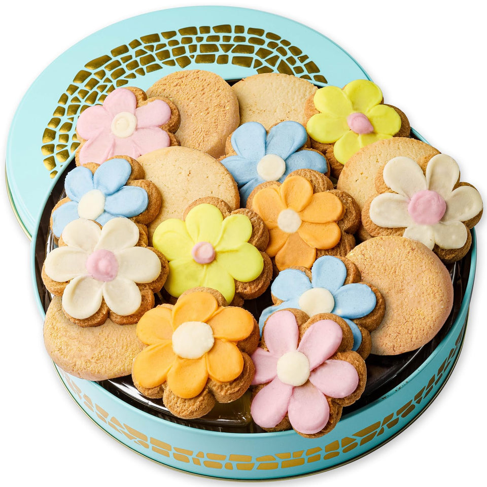 BONNIE AND POP flower cookies in a gift basket, a charming celebration treat.