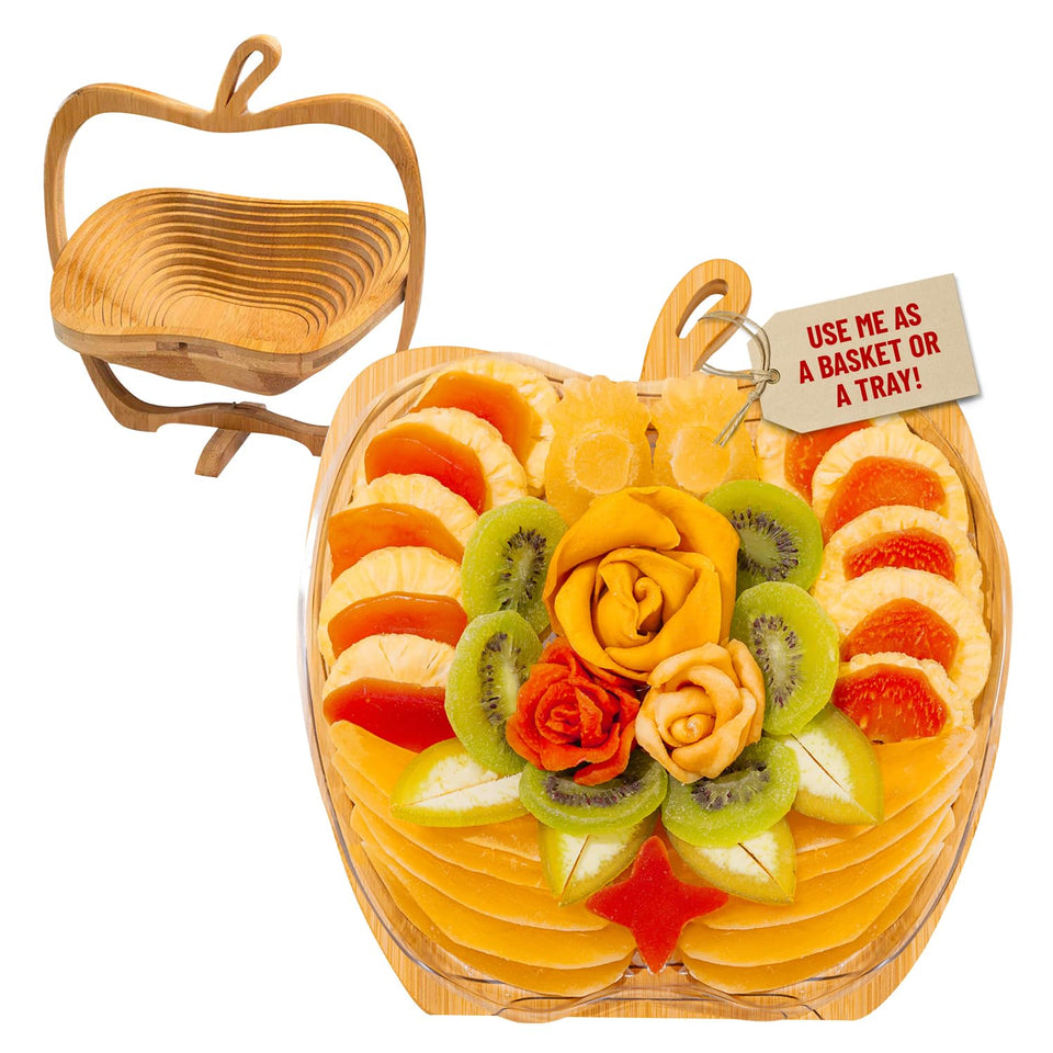 Bonnie and Pop dried fruit gift basket in a wooden tray, perfect for thoughtful corporate gifts.