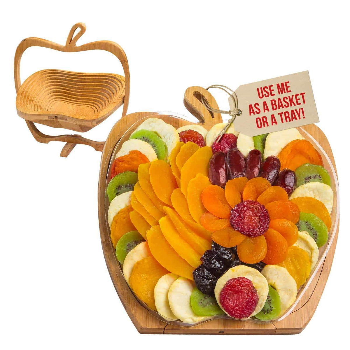 Bonnie and Pop wooden foldable tray holding the gift basket as a reusable centerpiece