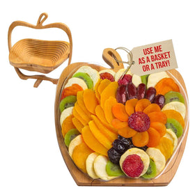 Bonnie and Pop wooden foldable tray holding the gift basket as a reusable centerpiece