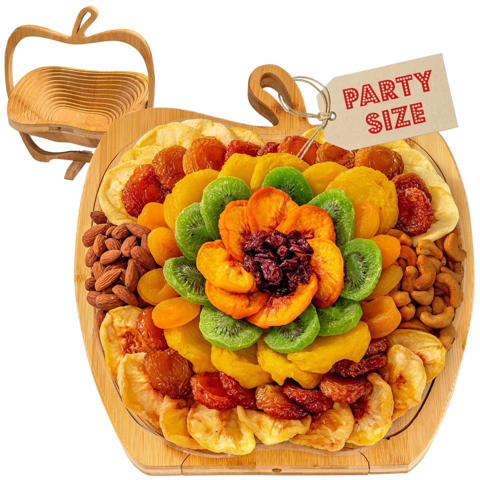 BONNIE AND POP dried fruit and nuts gift basket on a wooden tray, ideal for sharing.