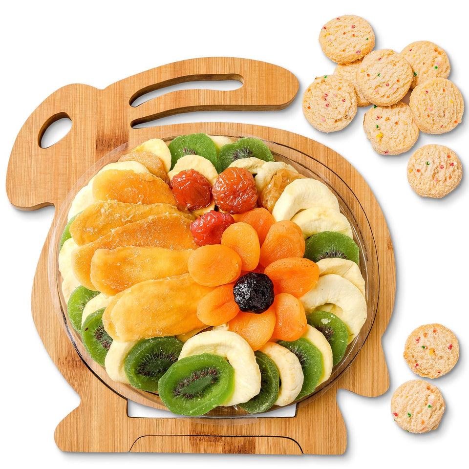 Bonnie and Pop Easter bunny basket on a bamboo tray for gifting