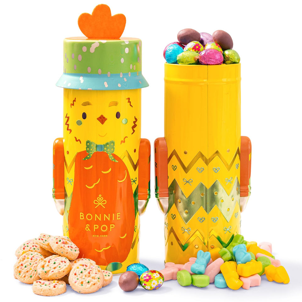 BONNIE AND POP Easter chick tin, a festive centerpiece ideal for gifting.