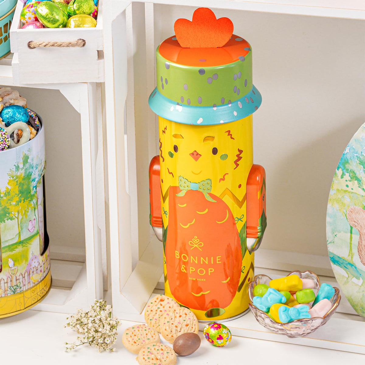 Bonnie and Pop Easter gift basket packaging, vibrant pastel hues for festive appeal.