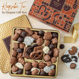 BONNIE AND POP keepsake tin chocolates, perfect for sharing at gatherings or as a thoughtful surprise.