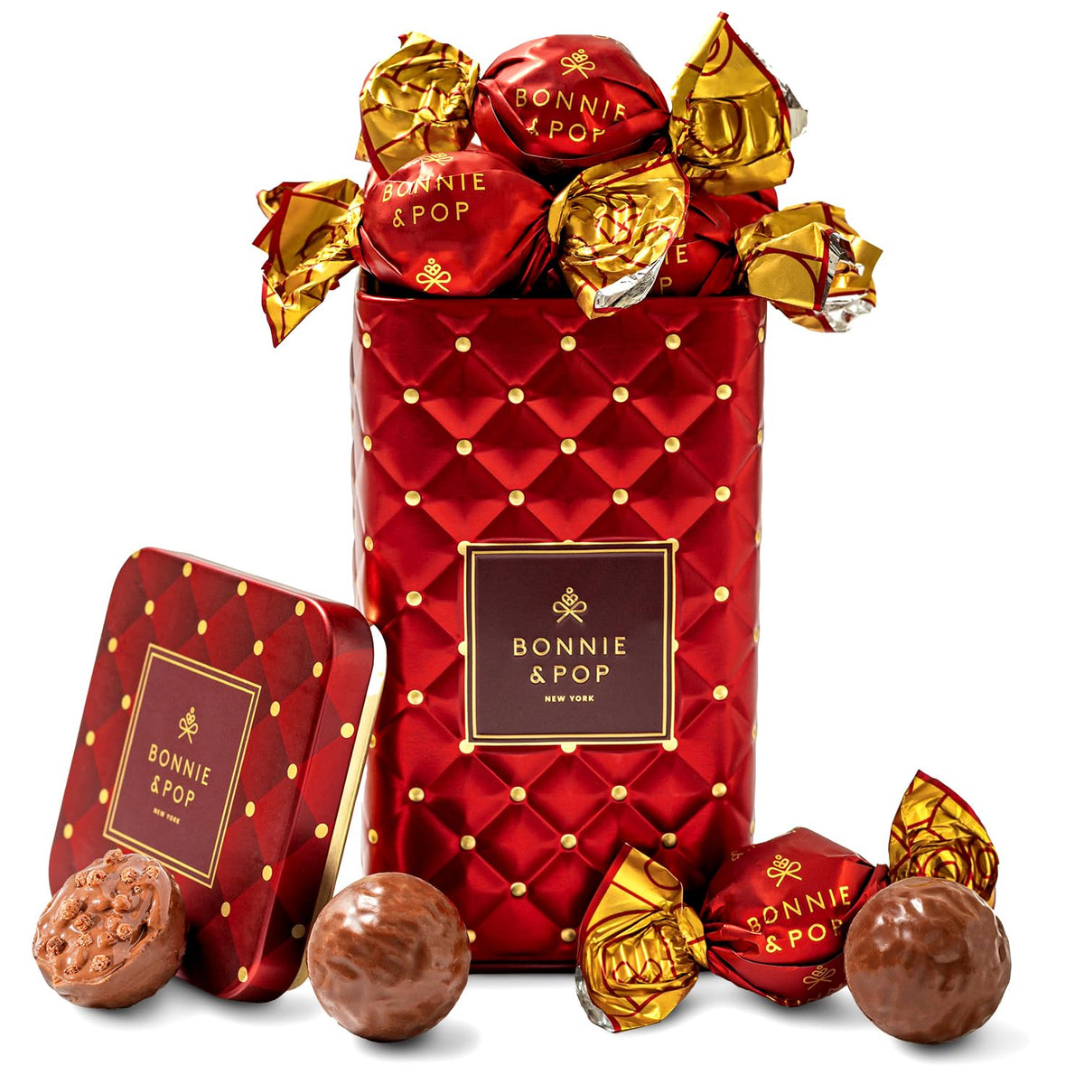 Bonnie and Pop luxury chocolate tin front view, premium gift option