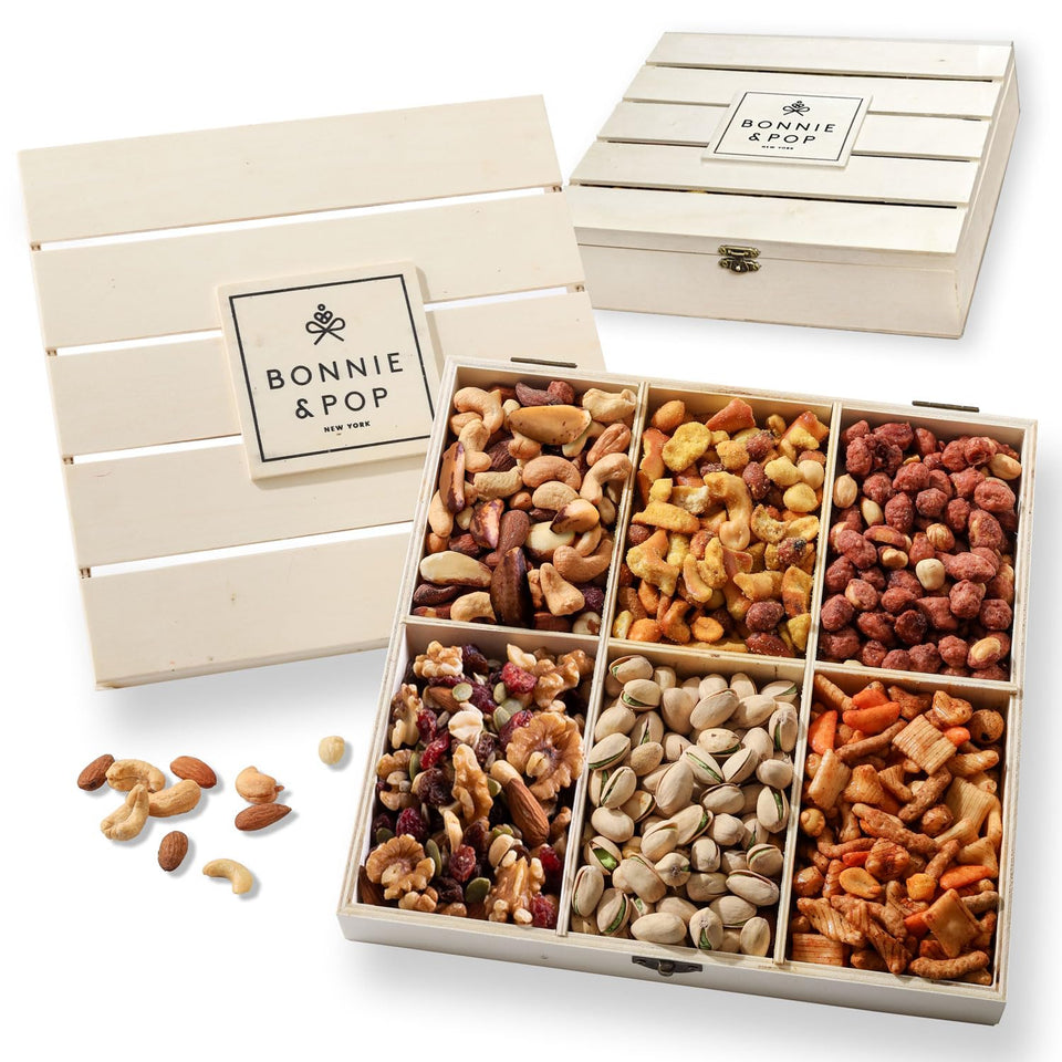 Bonnie and Pop nut gift basket in a reusable crate, ideal for gifting.