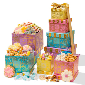 Bonnie and Pop Spring Gift Tower front view, ideal for Easter gifting and spring celebrations.