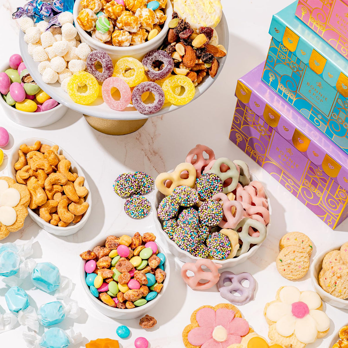 Bonnie and Pop Spring Gift Tower nut mix closeup, balanced sweet and savory options.
