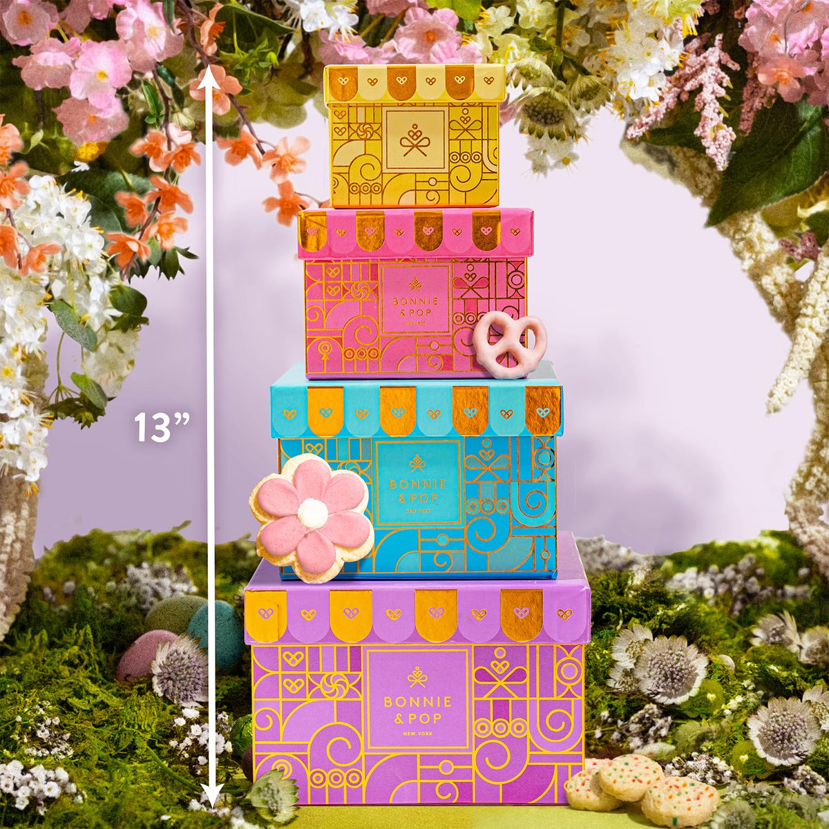 Bonnie and Pop Spring Gift Tower pastel candy closeup, vibrant colors ideal for celebrations.