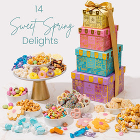 Bonnie and Pop Spring Gift Tower snacks closeup, featuring cookies, popcorn, and nuts for variety.