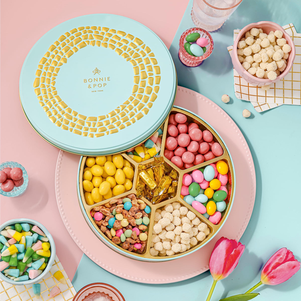 Bonnie and Pop spring snack variety box opened for sharing at gatherings.