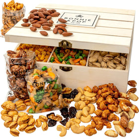 Bonnie and Pop reusable wood crate display showcases the nut assortment.