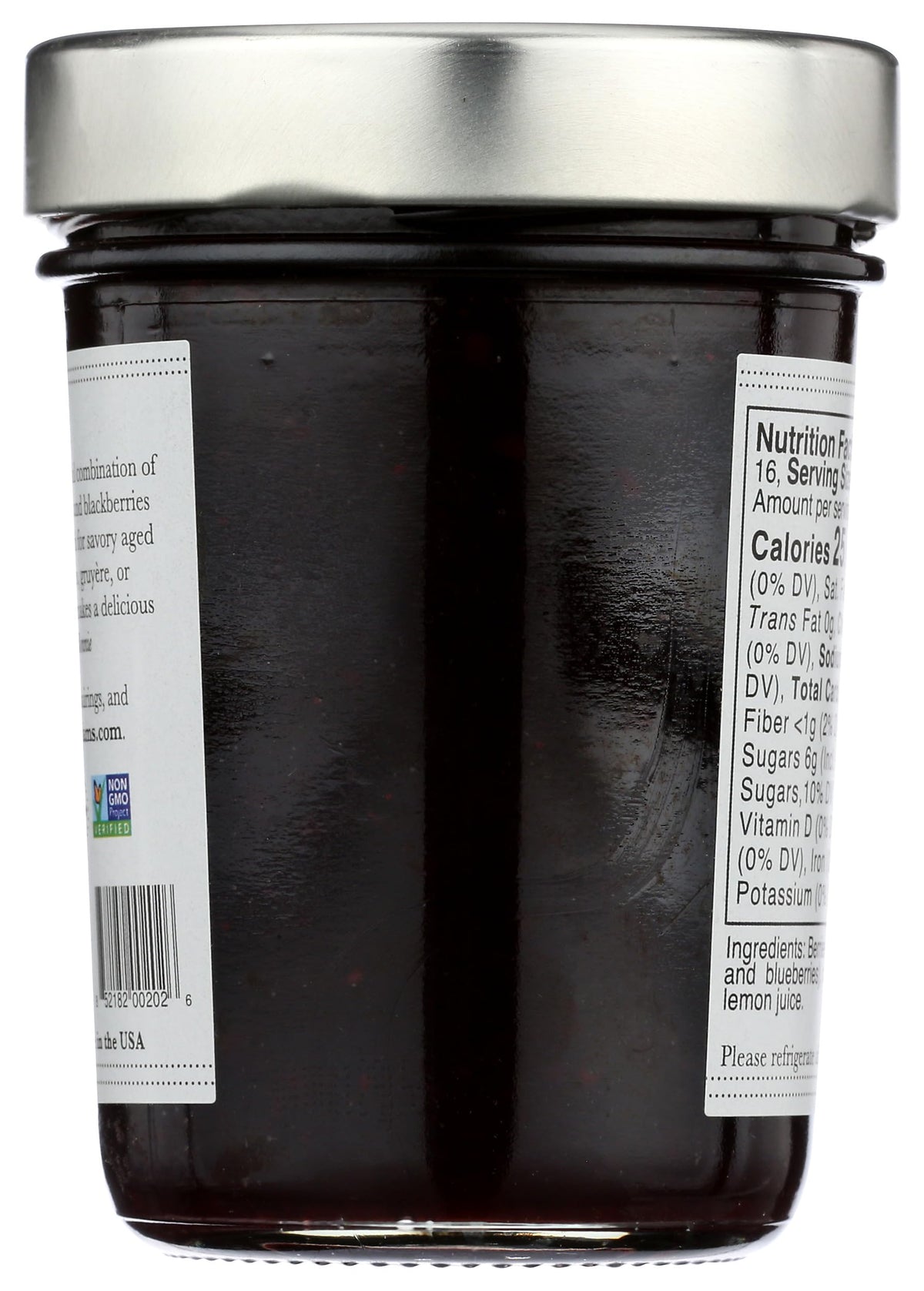 Bonnie's Jams Black and Blue jar close-up label shows natural ingredients in focus.