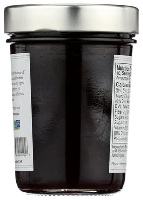 Bonnie's Jams Black and Blue jar close-up label shows natural ingredients in focus.