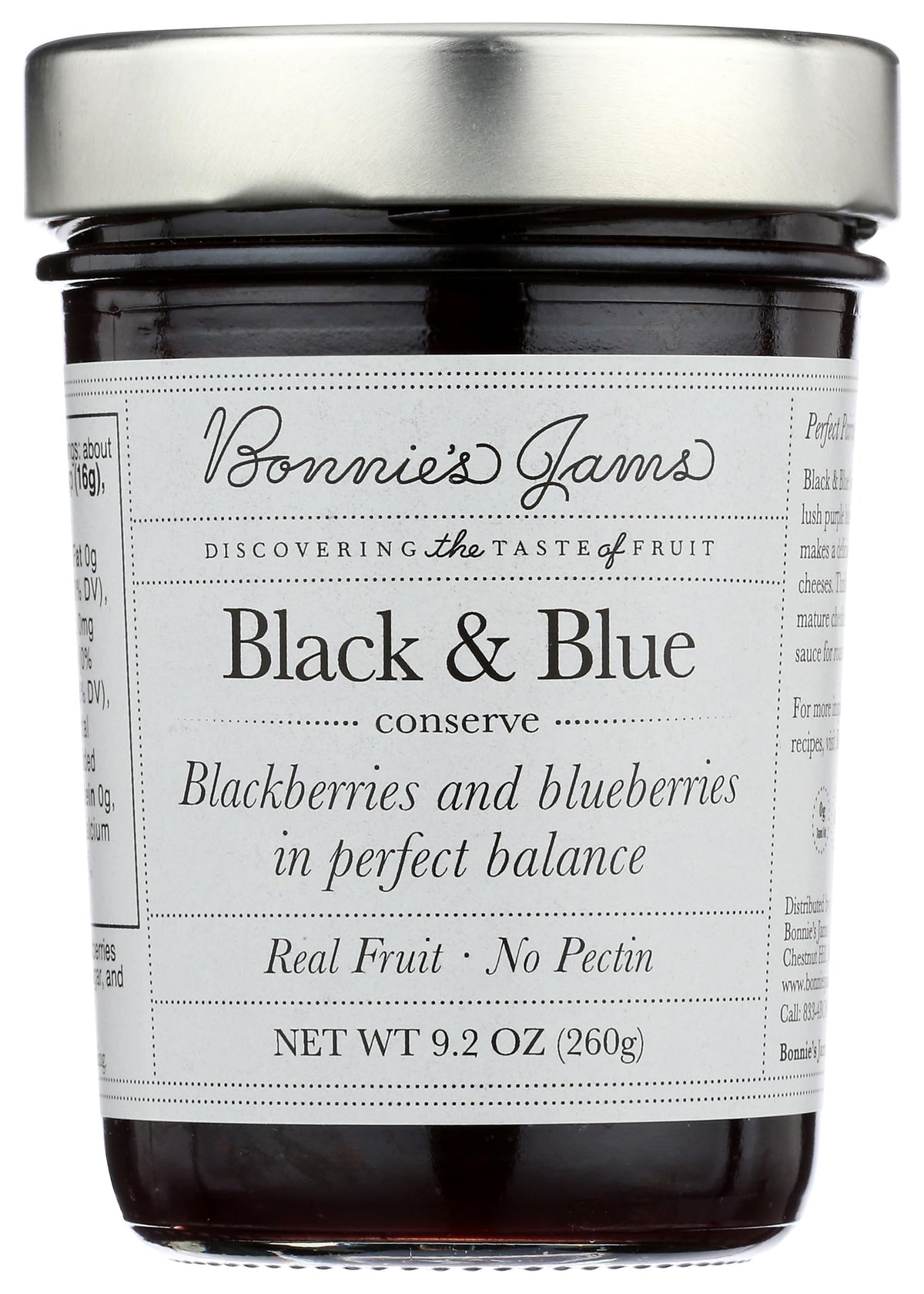 Bonnie's Jams Black and Blue jar front view, ideal for pantry breakfast ideas.