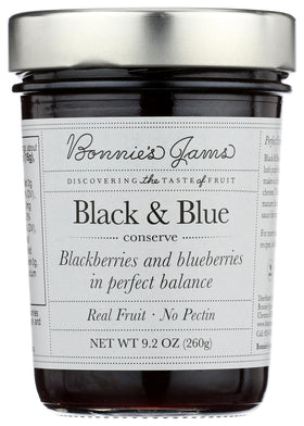 Bonnie's Jams Black and Blue jar front view, ideal for pantry breakfast ideas.