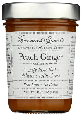 Bonnie's Jams Peach Ginger Jam jar on a cheese board for pairing with soft cheese