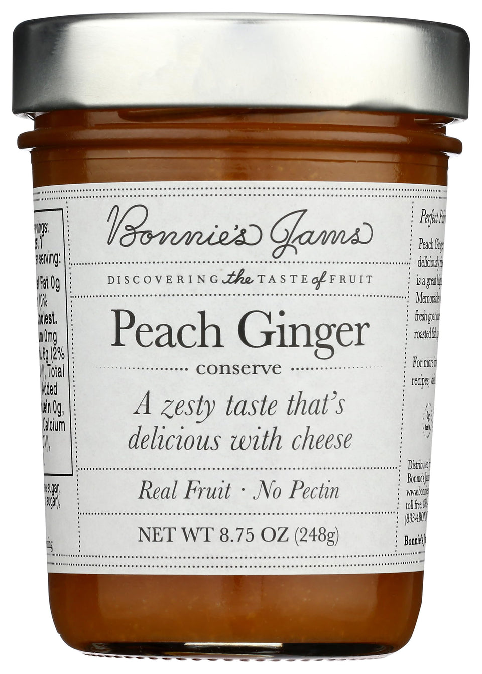 Bonnie's Jams Peach Ginger Jam jar on a cheese board for pairing with soft cheese