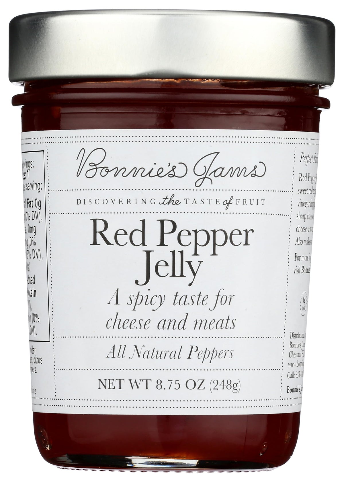 Bonnie's Jams Red Pepper Jelly jar front with vibrant color, ideal for spreads.