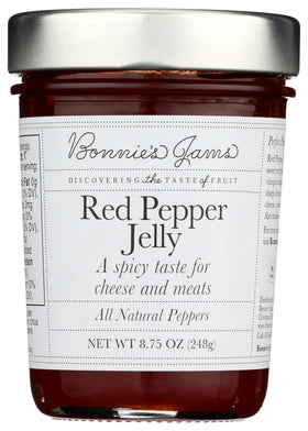 Bonnie's Jams Red Pepper Jelly jar front with vibrant color, ideal for spreads.