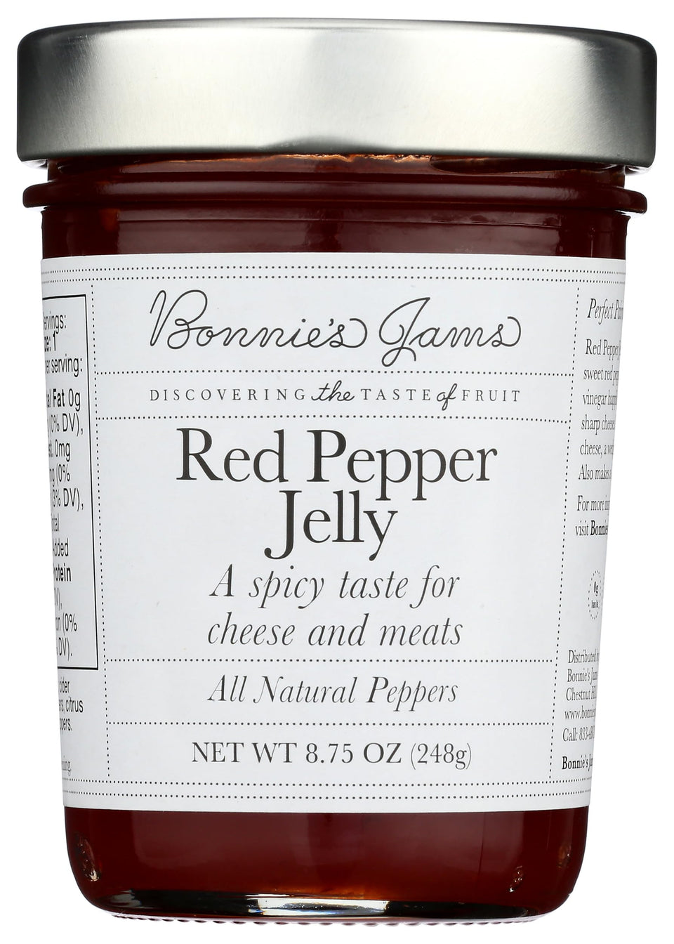 Bonnie's Jams Red Pepper Jelly jar front with vibrant color, ideal for spreads.