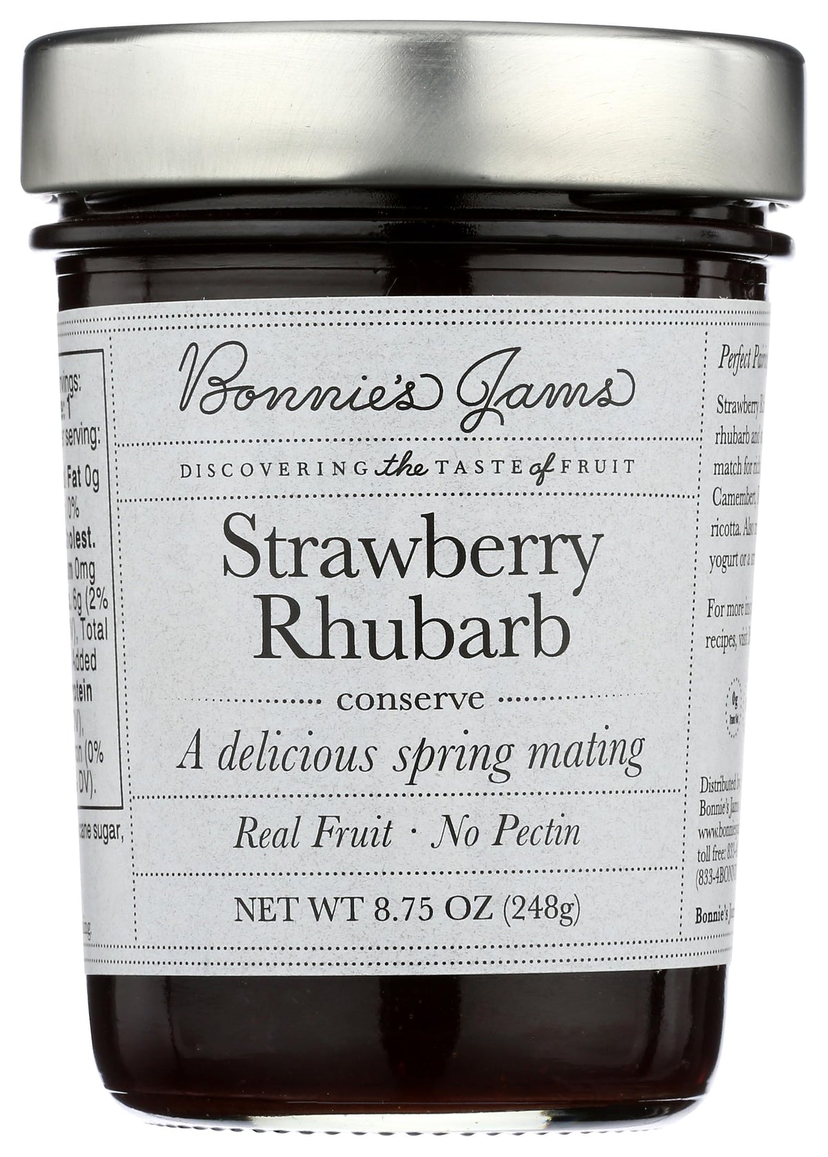 Bonnie's Jams Strawberry Rhubarb Jam jar front, ideal for a fresh breakfast spread.