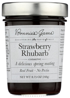Bonnie's Jams Strawberry Rhubarb Jam jar front, ideal for a fresh breakfast spread.