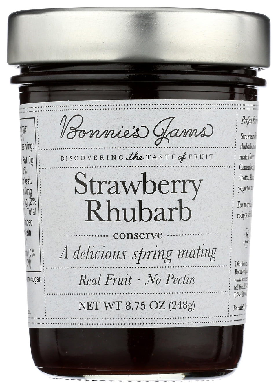 Bonnie's Jams Strawberry Rhubarb Jam jar front, ideal for a fresh breakfast spread.
