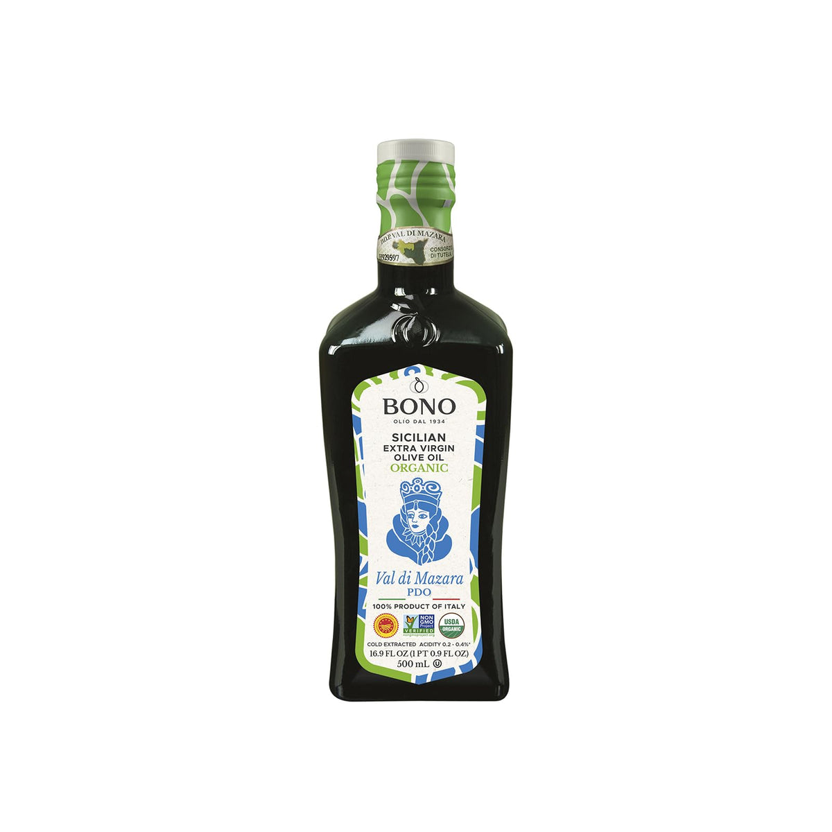 Bono Organic EVOO bottle showing rich Sicilian flavor for salads and finishing dishes