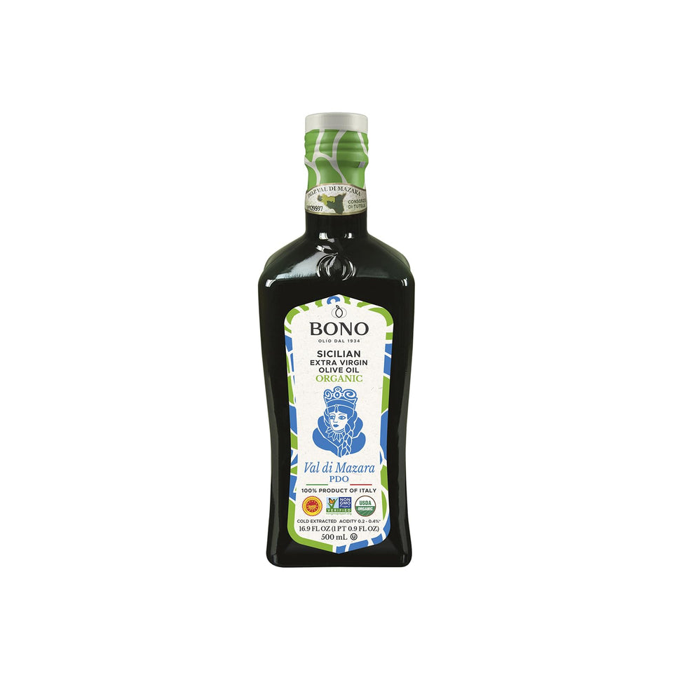 Bono Organic EVOO bottle showing rich Sicilian flavor for salads and finishing dishes