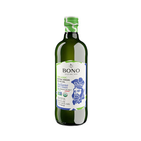 Bono Organic Unfiltered Olive Oil bottle close-up highlighting premium Italian origin