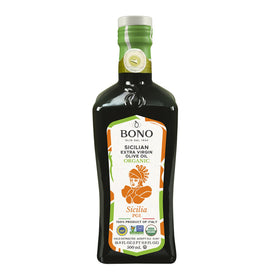 Bono Sicilian Organic EVOO bottle, rich color, ideal for finishing salads.