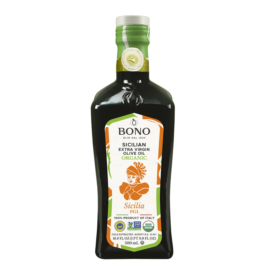 Bono Sicilian Organic EVOO bottle, rich color, ideal for finishing salads.