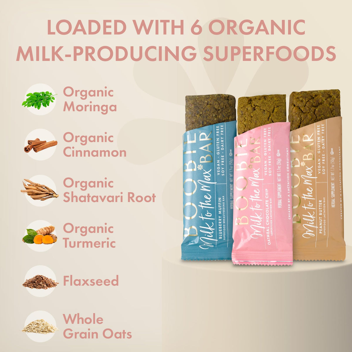 Boobie Bar ingredient icons show gluten-free, dairy-free, vegan options.