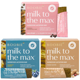 Boobie Bar Milk to the Max packaging shot, convenient lactation support on the go.