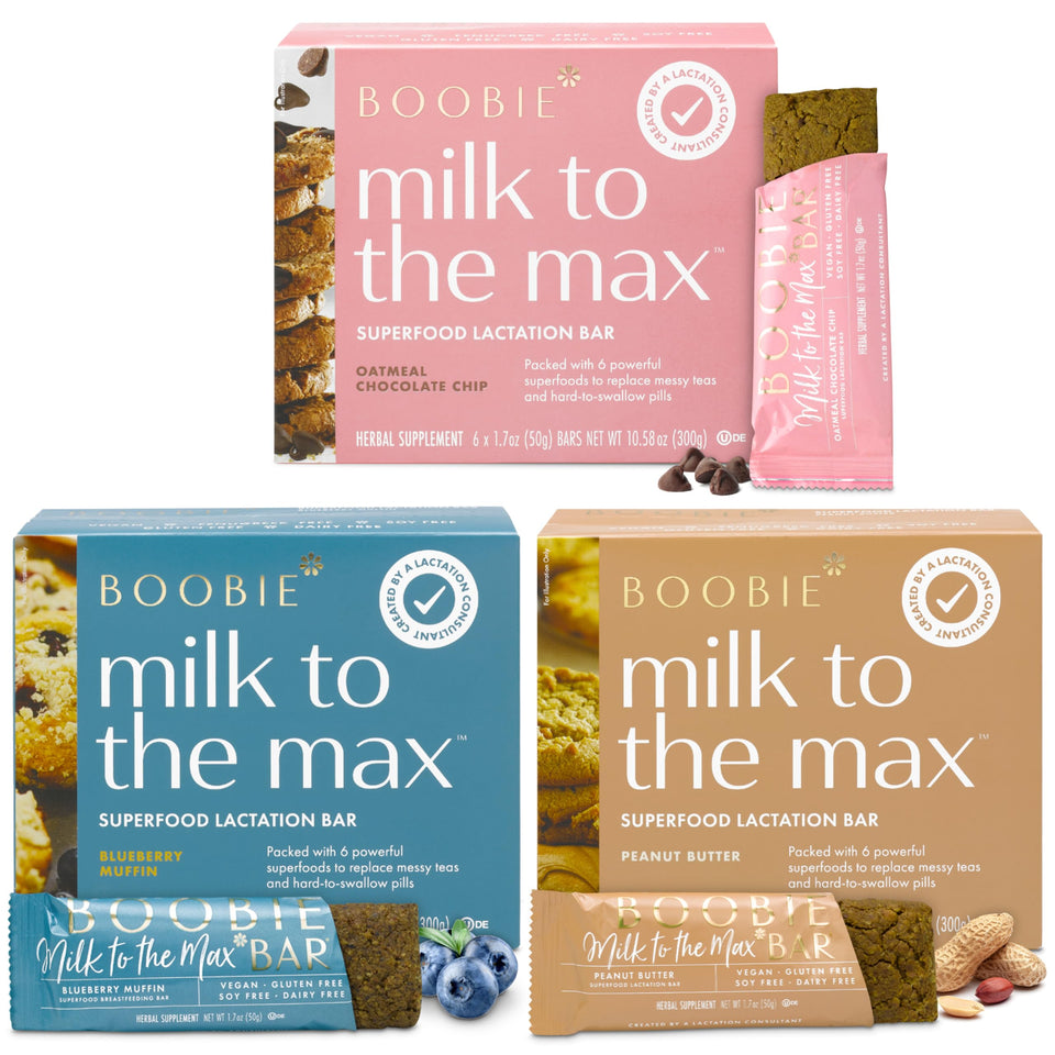 Boobie Bar Milk to the Max packaging shot, convenient lactation support on the go.