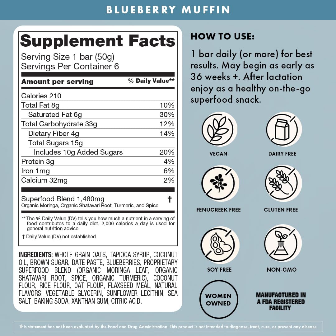 Boobie Bar Blueberry Muffin Nutrition facts show gluten-free and vegan attributes.