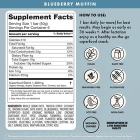 Boobie Bar Blueberry Muffin Nutrition facts show gluten-free and vegan attributes.