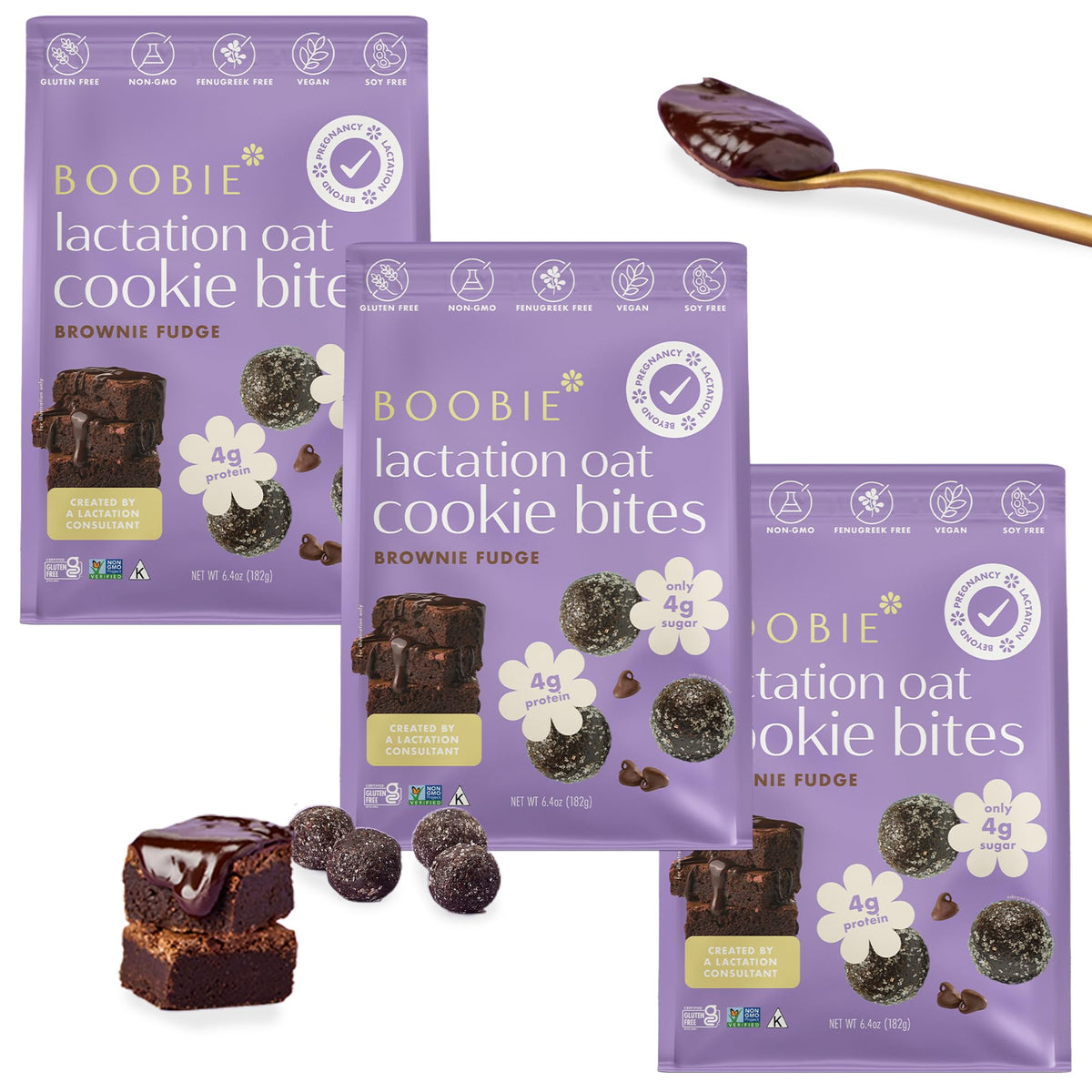 Boobie Lactation Cookies Brownie Fudge pack, a clean, low-sugar on-the-go nursing snack.