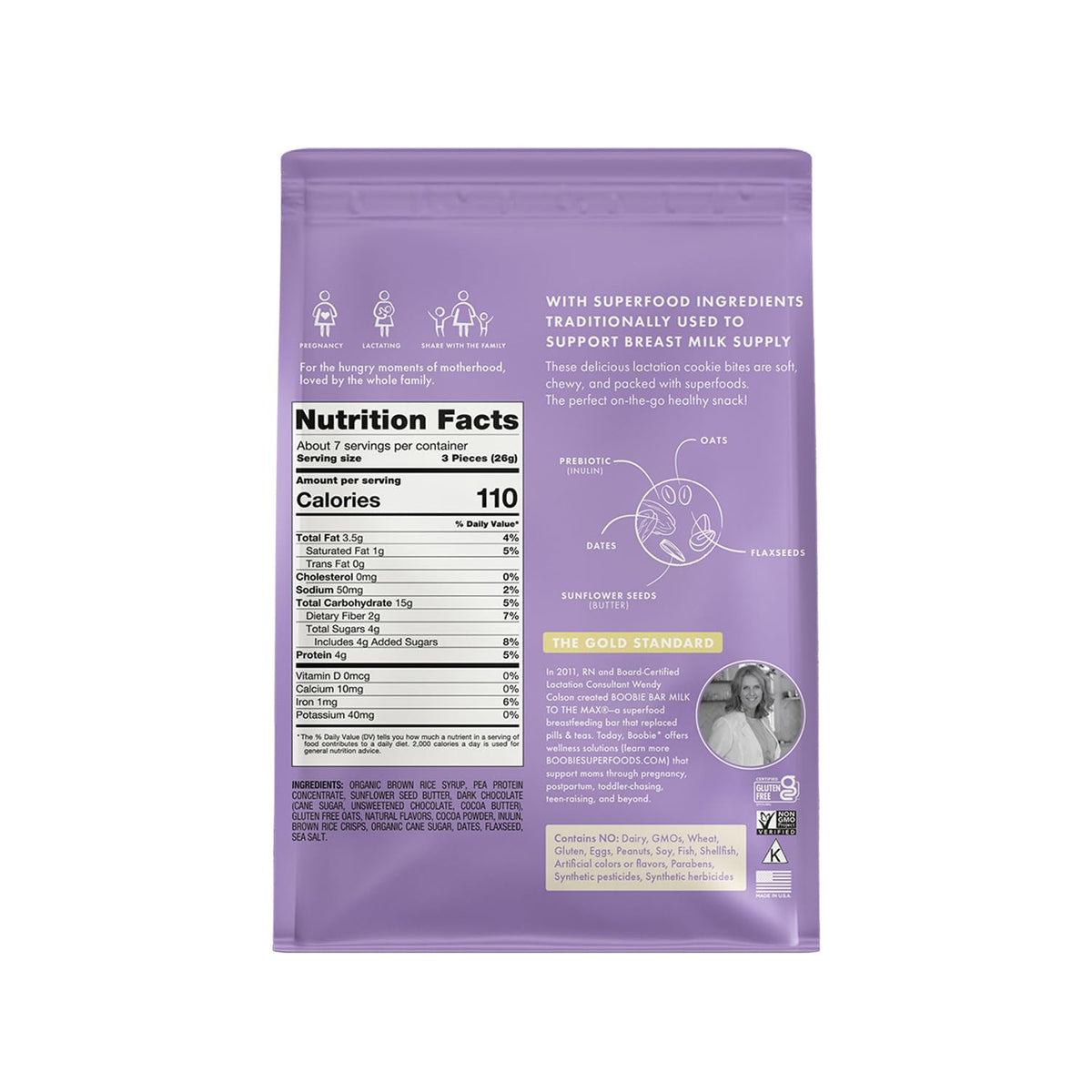 Boobie Lactation Cookies Brownie Fudge packaging, suggests convenient, ready-to-go pantry staple.