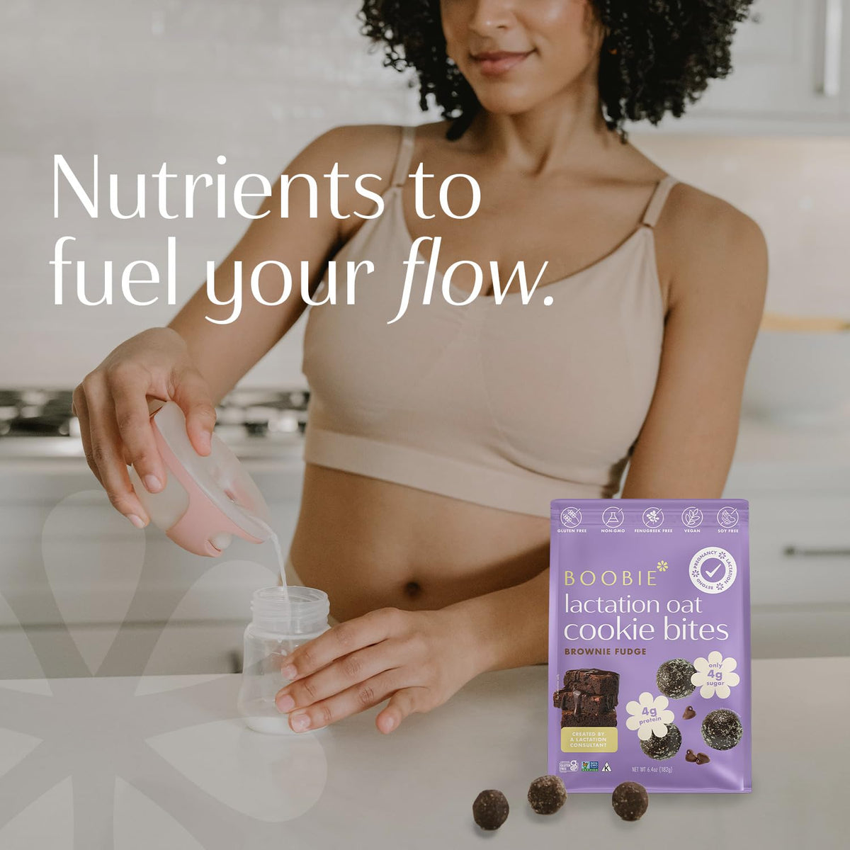 Boobie Lactation Cookies Brownie Fudge in snack bag, portable for pumps and late-night feeds.