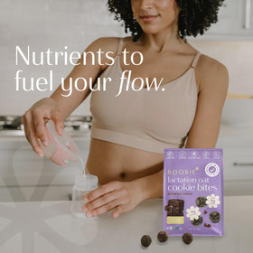 Boobie Lactation Cookies Brownie Fudge in snack bag, portable for pumps and late-night feeds.
