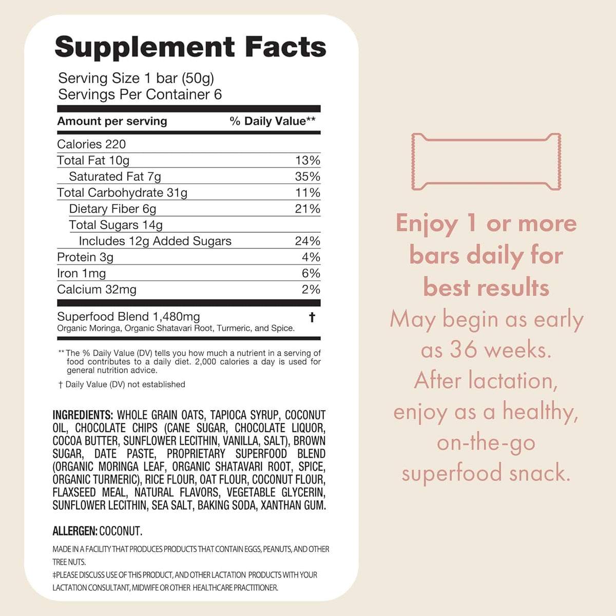 Boobie Bar ingredient list highlighting superfoods like moringa and flaxseed for nourishment.